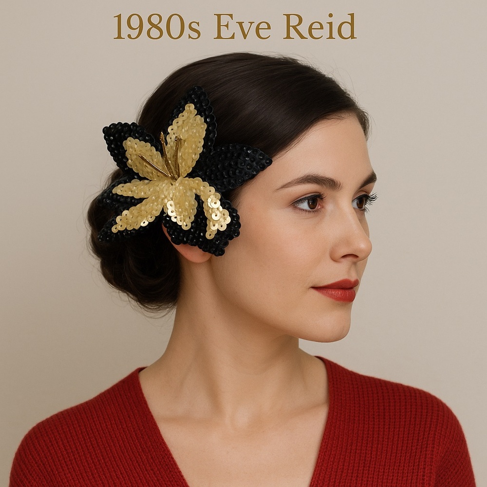 EVE REID Vintage 80s Black Gold Sequin Flower Convertible Pin‎ & Hair Barrette